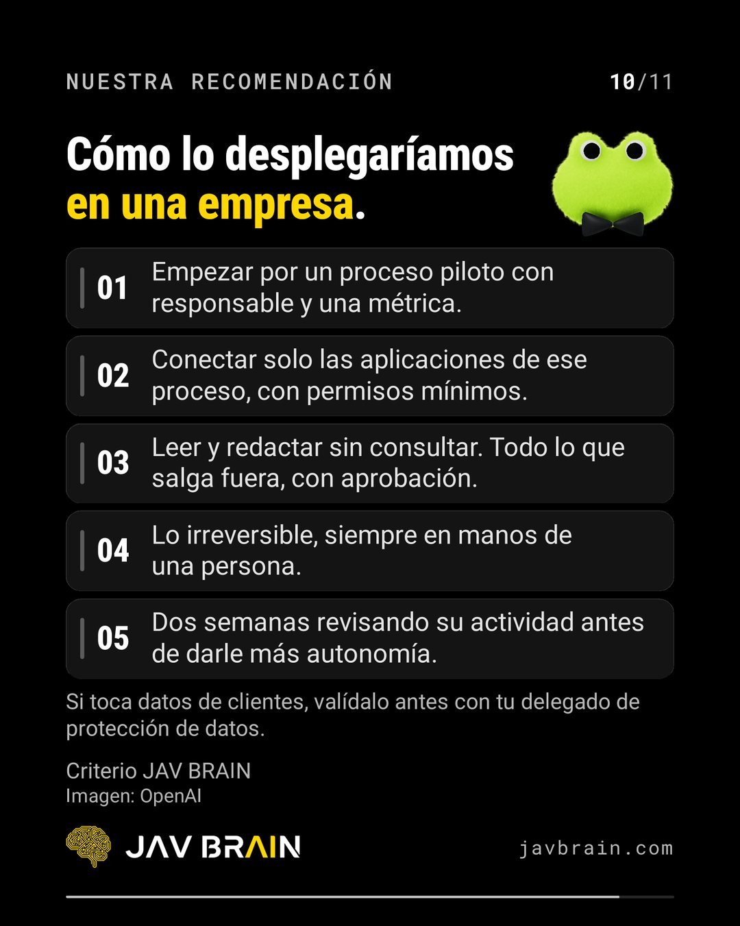 Slide 10 of the carousel: five steps to deploy a dot in a company, following JAV BRAIN's criterion