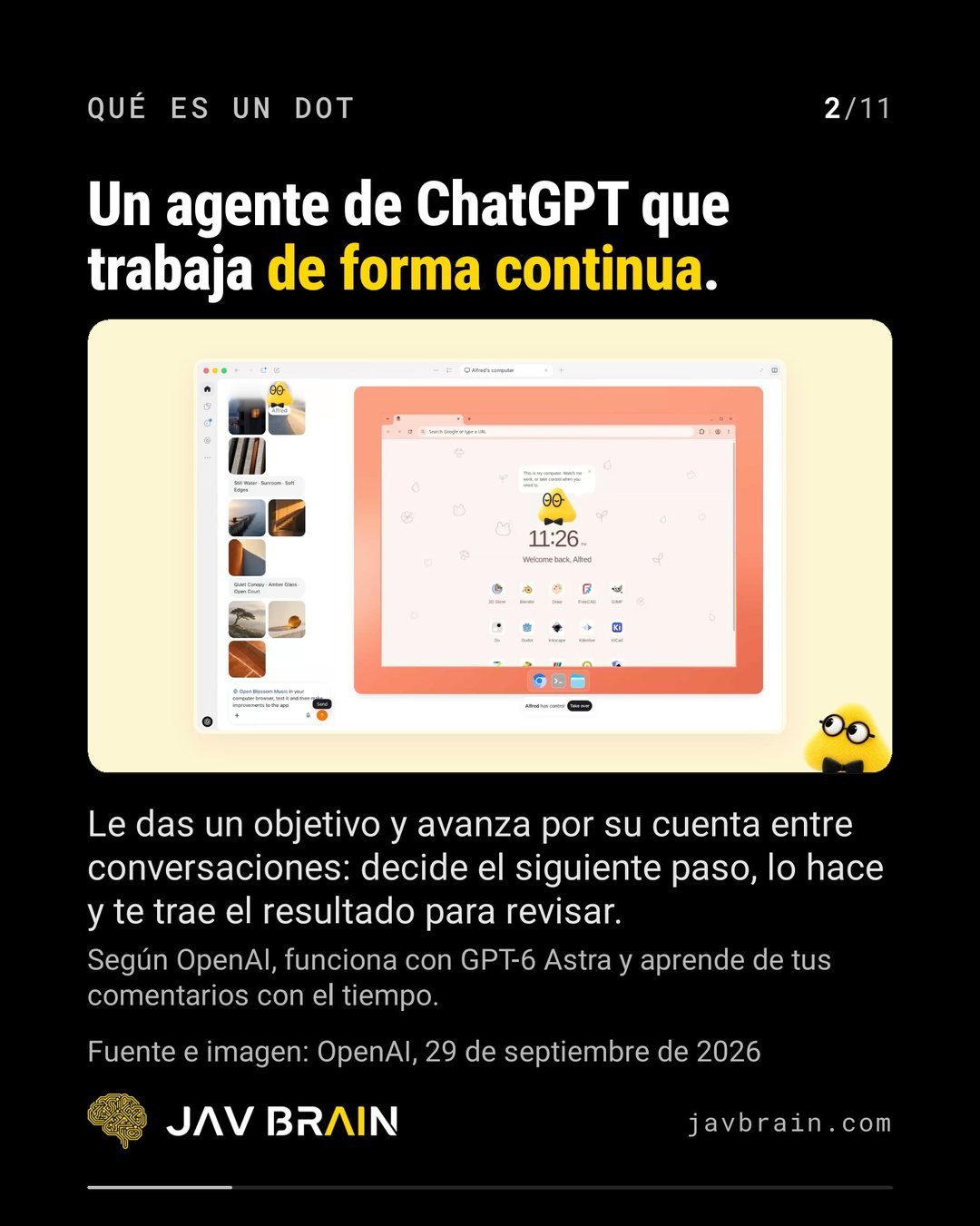 Slide 2 of the carousel: what a dot is, a ChatGPT agent that works continuously towards a goal
