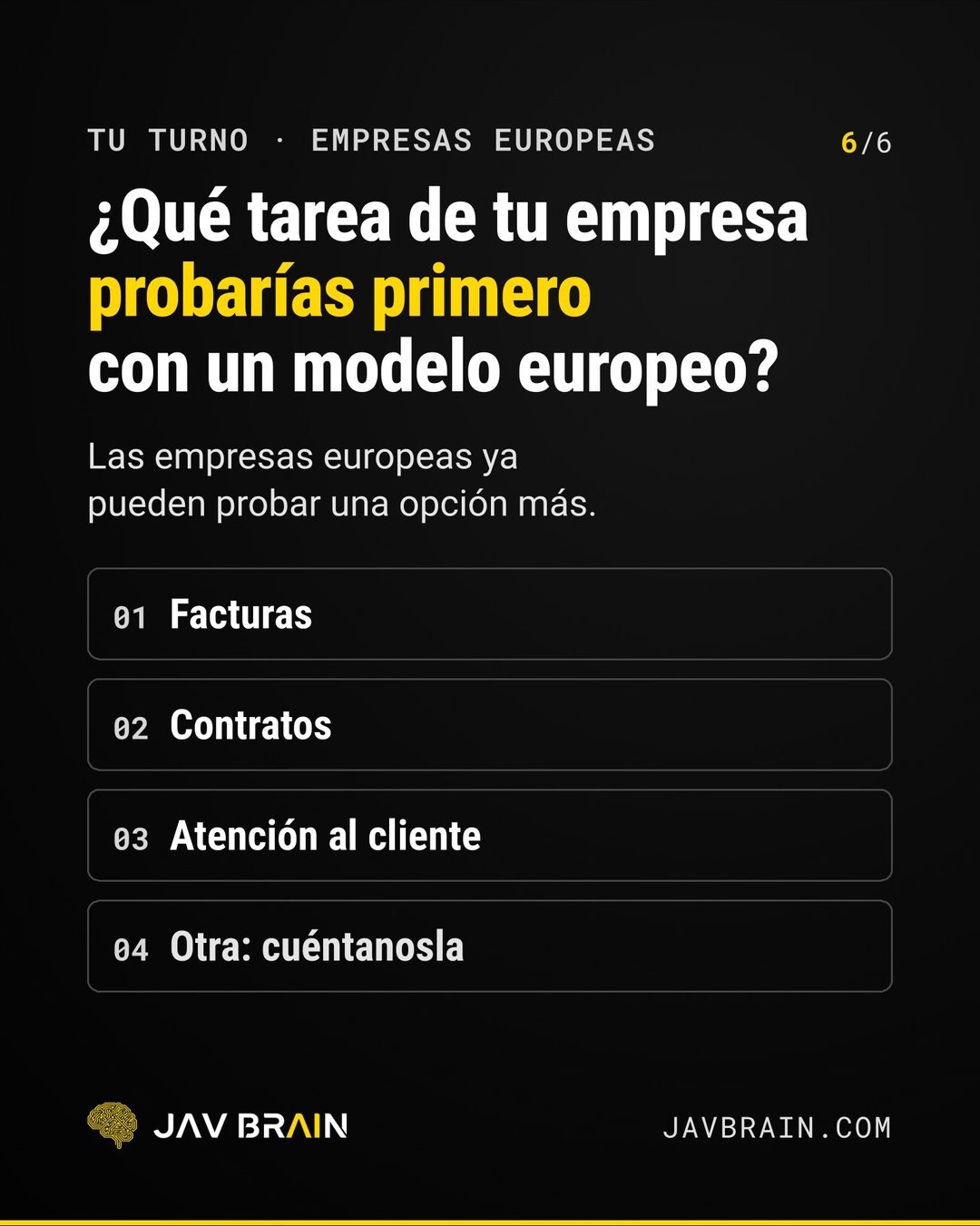 Carousel slide 6: which task in your company would you test first with a European model, invoices, contracts, customer service or other